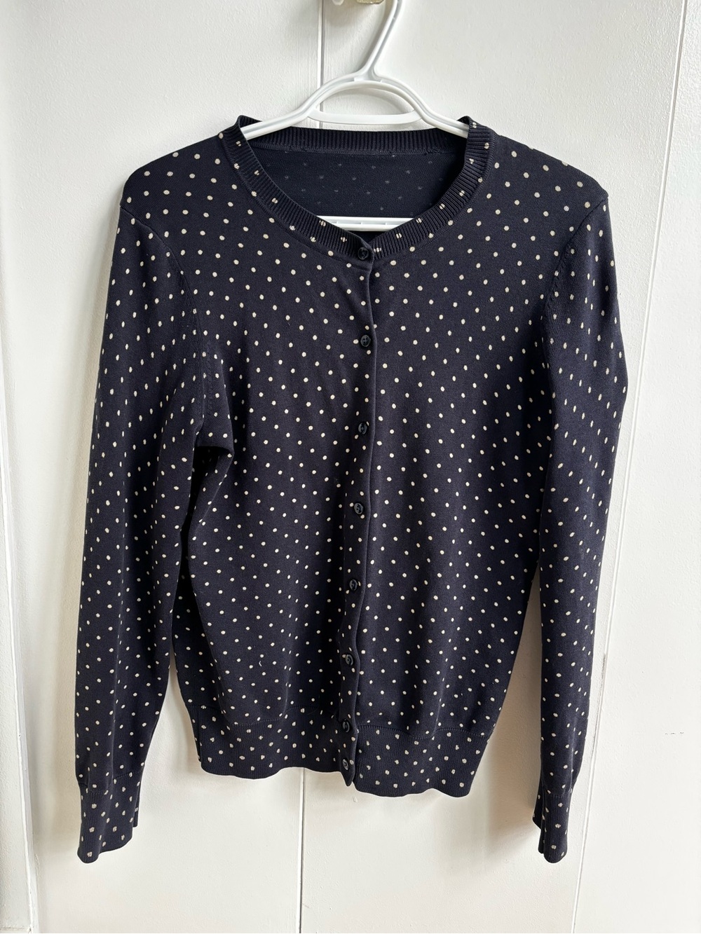 Tommy Hilfiger Navy Crewneck Polka Dot Cardigan with Cream Dots
